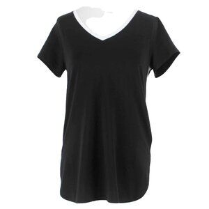J Jill $59 Sz XS Black White V Neck Split Round Sides Cotton Blend Knit Top